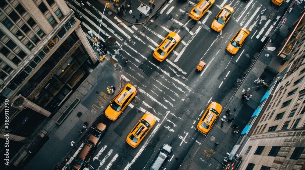 Poster Aerial view of a bustling metropolis with skyscrapers, cars, and pedestrians