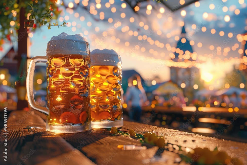 Poster Two empty beer mugs sit on a wooden table, ready for use
