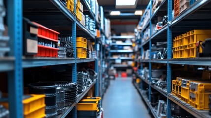 Fototapeta premium Warehouse Interior with Rows of Metal Shelving Filled with Parts and Supplies