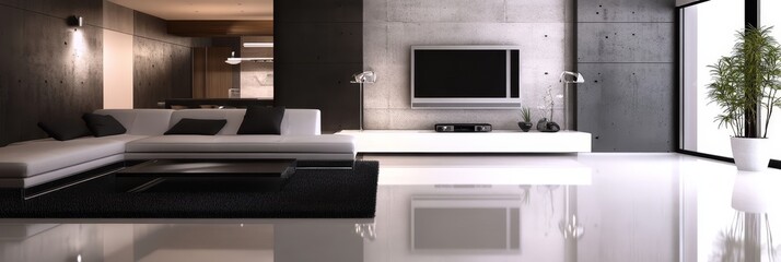 Modern Minimalist Living Room with Sleek Design and Open Floor Plan, featuring a large sectional sofa, contemporary furniture, exposed concrete walls, and natural light.