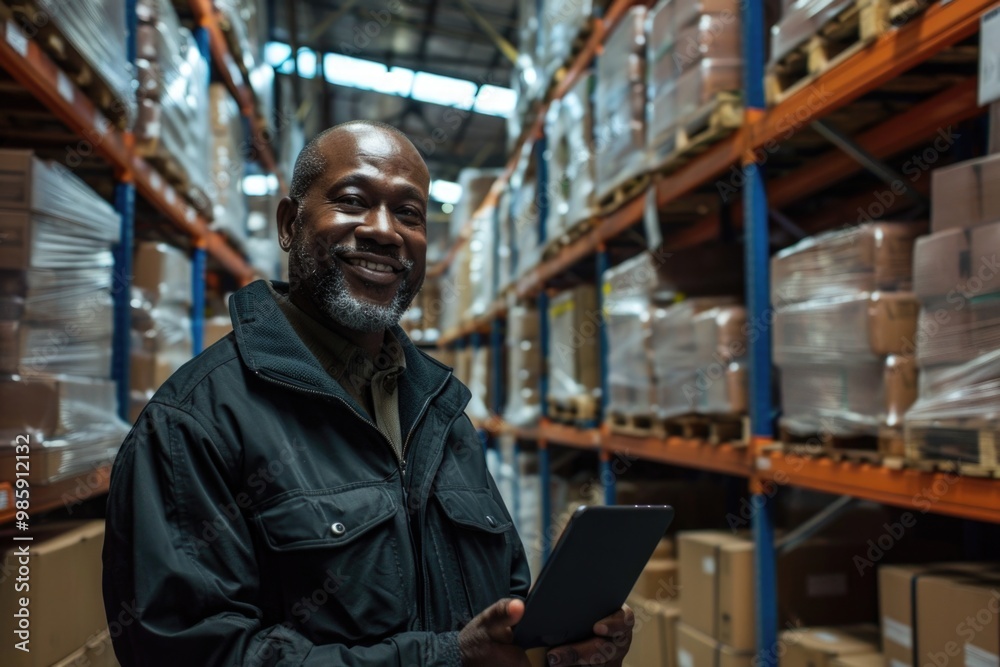 Poster a person in a warehouse holds a tablet computer, useful for inventory management or tracking orders