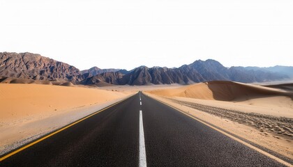 Straight road through desert landscape. Generated image