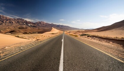 Straight road through desert landscape. Generated image