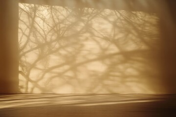 Warm sunlight filters through blinds, creating delicate shadows of tree branches on a cozy wall, enhancing the tranquil atmosphere