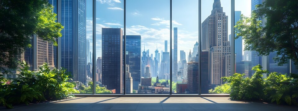 Fototapeta A view of the city from inside an office building, the New York skyline visible through glass windows. Trees can be seen outside, with towering skyscrapers in the distance. 