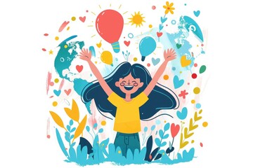 A young girl enjoying a joyful moment surrounded by colorful balloons and lush greenery