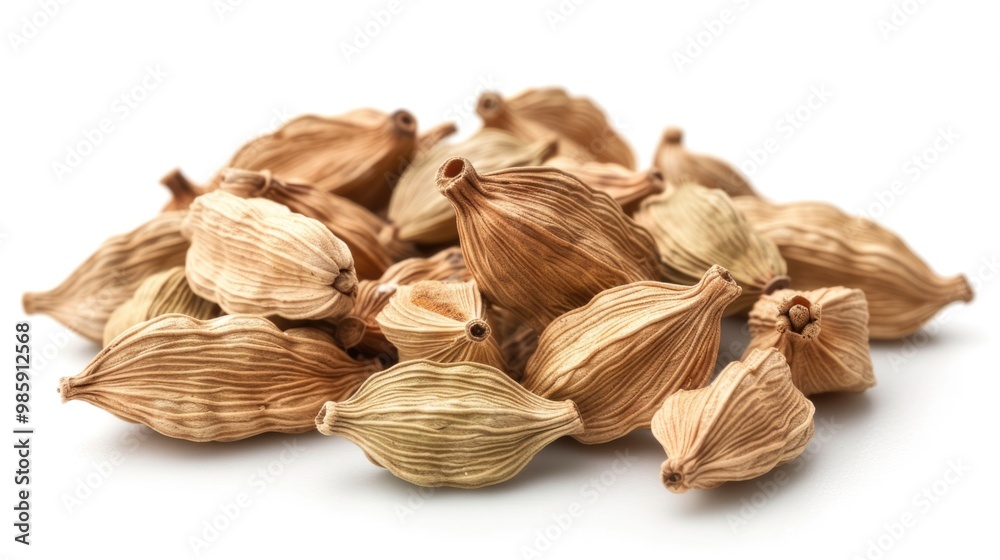 Poster a stack of nuts on a clean white background, ideal for use in product or still life photography
