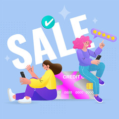  Young woman uses credit card to buy products online. Vector 