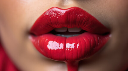 Obraz premium Close-up Shots of Glossy Red Lips with Dripping Lipstick - Beauty, Glamour, and Cosmetic Trends