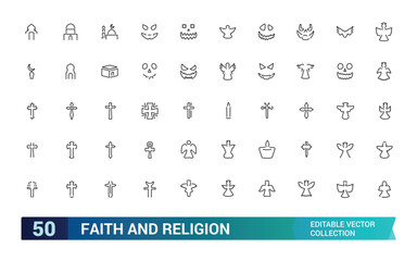 Religion and faith line icons collection. Big UI icon set in a flat icons set. Thin outline icons pack. editabale stroke icons set.