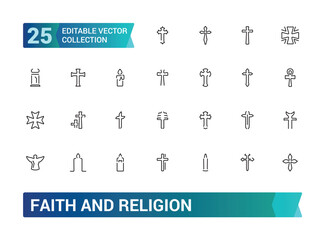 Religion and faith line icons collection. Big UI icon set in a flat icons set. Thin outline icons pack. editabale stroke icons set.
