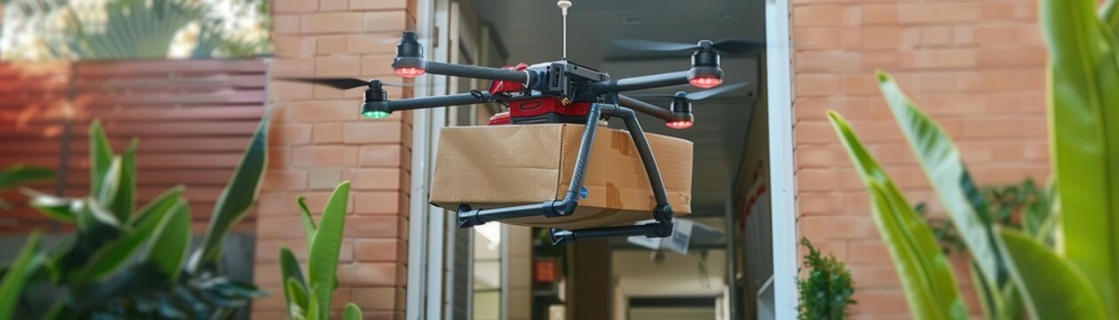 Drone delivering a package of fresh groceries to a doorstep, food delivery, technology in food distribution