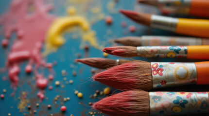 Colorful Artistic Paint Brushes: Close-Up Photography of Paintbrushes with Paint Strokes on Canvas