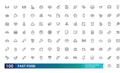 Fast food line icons set. Burger, donut, french fries, hot dog, kabab, pizza, ice cream, pizza Thin signs for restaurant menu. Editable Strokes icons set.