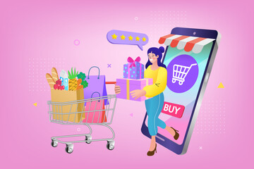 A woman completes her online shopping journey, emerging from a mobile store with a cart full of groceries and gifts. She leaves a five-star rating, symbolizing a great customer experience.