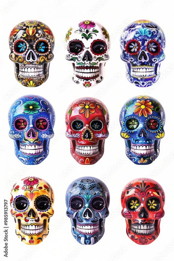 Poster group of colorful sugar skulls with unique designs and decorations