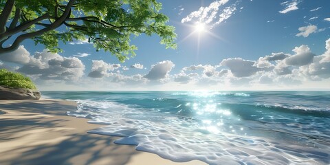 Tranquil Shoreline with Lush Greenery and Blue Sky
