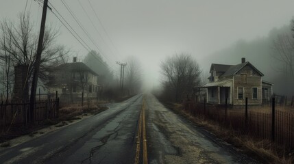 Fototapeta premium Foggy Road Through Abandoned Homes