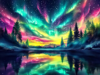 Fototapeta premium Colorful aurora borealis, forest and lake reflection, 