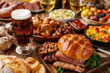 A wooden table set with plates of food and a glass of beer, perfect for outdoor gatherings or casual dining