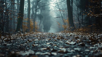 A scenic forest path covered with fallen leaves, perfect for use in autumn-themed designs or nature-inspired visuals