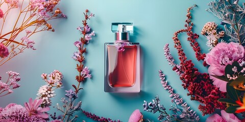 Stylish Fragrance Bottle Surrounded by Vibrant Florals
