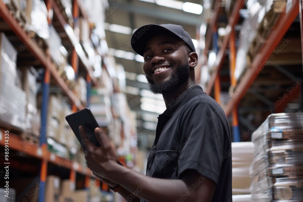 Poster A person standing in a warehouse holding a tablet computer, potentially using it for inventory management or data tracking
