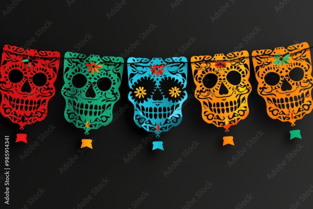 Poster a row of vibrant sugar skulls hung from a colorful string, perfect for decorating and celebrations