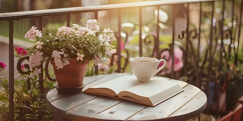 Sunlit Balcony with an Open Book and Flowers
