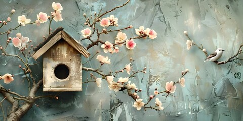 Charming Birdhouse with Blossoms and a Perched Bird
