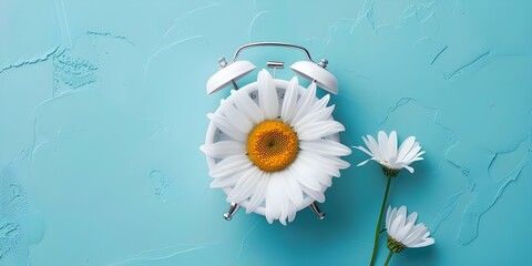 Time and Bloom: Alarm Clock with Daisies on a Vibrant Turquoise Scene
