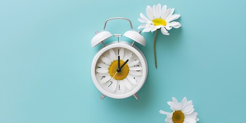 Vintage White Alarm Clock and Fresh Daisies in a Serene Setting
