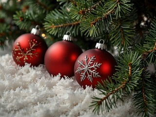 Christmas scene with red ornaments, pine branches, and snowflakes.