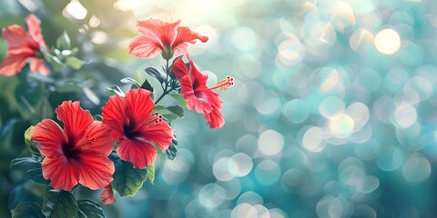 Three Vibrant Red Hibiscus Flowers with a Dreamy Turquoise Glow
