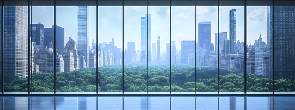 Fototapeta A view of the city from inside an office building, the New York skyline visible through glass windows. Trees can be seen outside, with towering skyscrapers in the distance. 