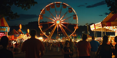 Obraz premium A vintage Ferris wheel silhouetted against the night sky, as people enjoy cotton candy and carnival games.