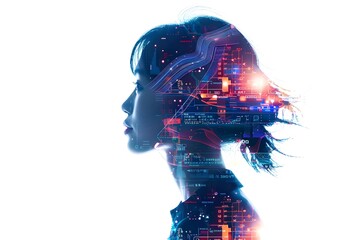 Artificial Intelligence and Human Wonderment, digital technology background with female profile silhouette and glowing icons on white backdrop, double exposure concept of futuristic AI robot or artifi