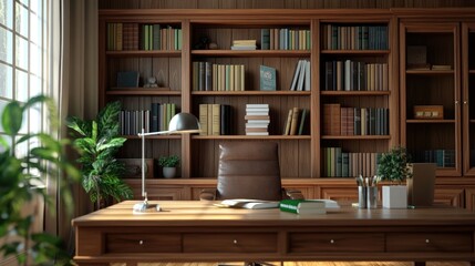 Home office with a wooden bookshelf,