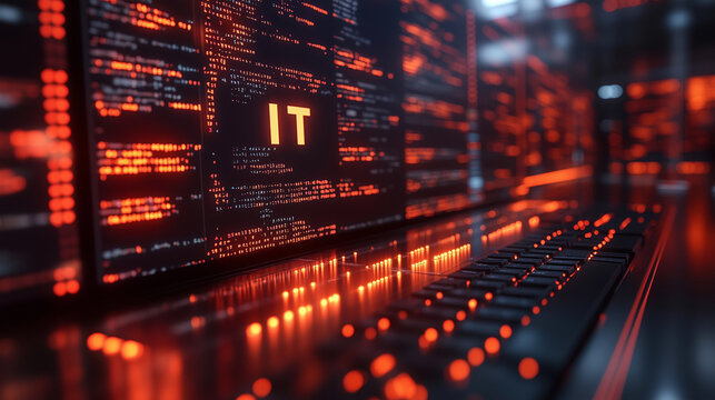 "IT" displayed on a screen filled with code, with a coder working in the background.