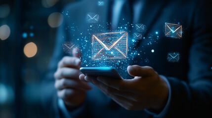 Businessman Using a Smartphone with Digital Mail Icons Around Him. A professional man in a suit checking his smartphone with floating email and messaging icons