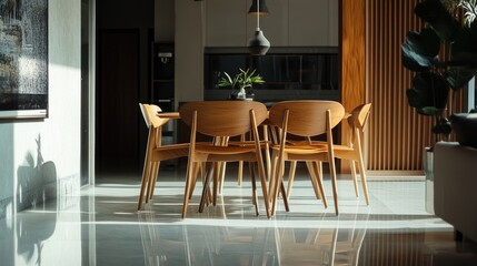 Interior design of modern dining room, dining table and wooden chairs