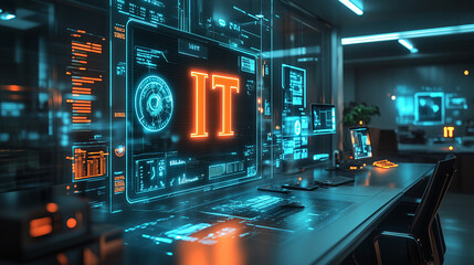 "IT" glowing on the surface of a transparent screen in a modern office setting.