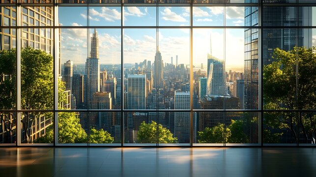 Fototapeta A view of the city from inside an office building, the New York skyline visible through glass windows. Trees can be seen outside, with towering skyscrapers in the distance. 