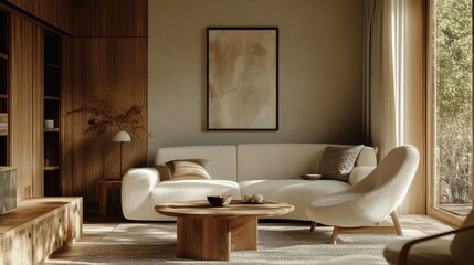 Fototapeta premium Japandi, scandinavain interior design of modern living room