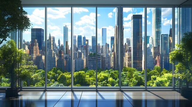 Fototapeta A view of the city from inside an office building, the New York skyline visible through glass windows. Trees can be seen outside, with towering skyscrapers in the distance. 