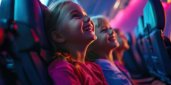 High-Flying Imaginations: Joyful kids in airplane seats, dreaming big about their first flight adventure.