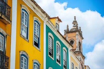 Fototapeta premium Vibrant facades of historic buildings in Pelourinho, Salvador, Brazil, showcasing the city's colonial architecture, colorful streets, and cultural heritage.