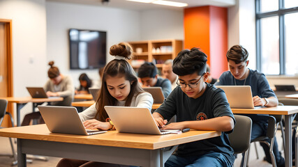 Fototapeta premium group of asian high school students using laptop computer together in classroom