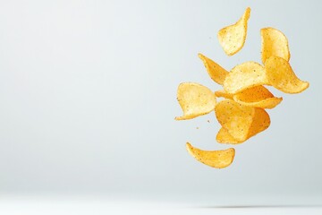 Fototapeta premium Banana chips, crispy, falling on a plain white background.