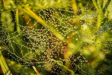 A delicate spider web adorned with sparkling dew drops, beautifully capturing the morning light. The intricate web structure highlights the fine details of nature and the elegance of the droplets.